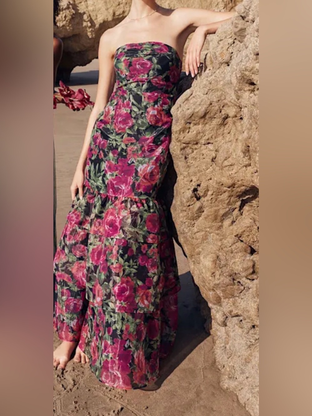 Lulus Strapless Floral Maxi Dress Tiered